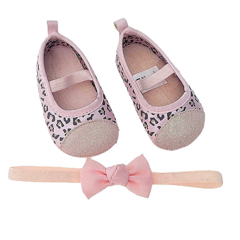 Pink Leopard Print & Glittery Pink Ballet Mary Janes with matching Headband Bow